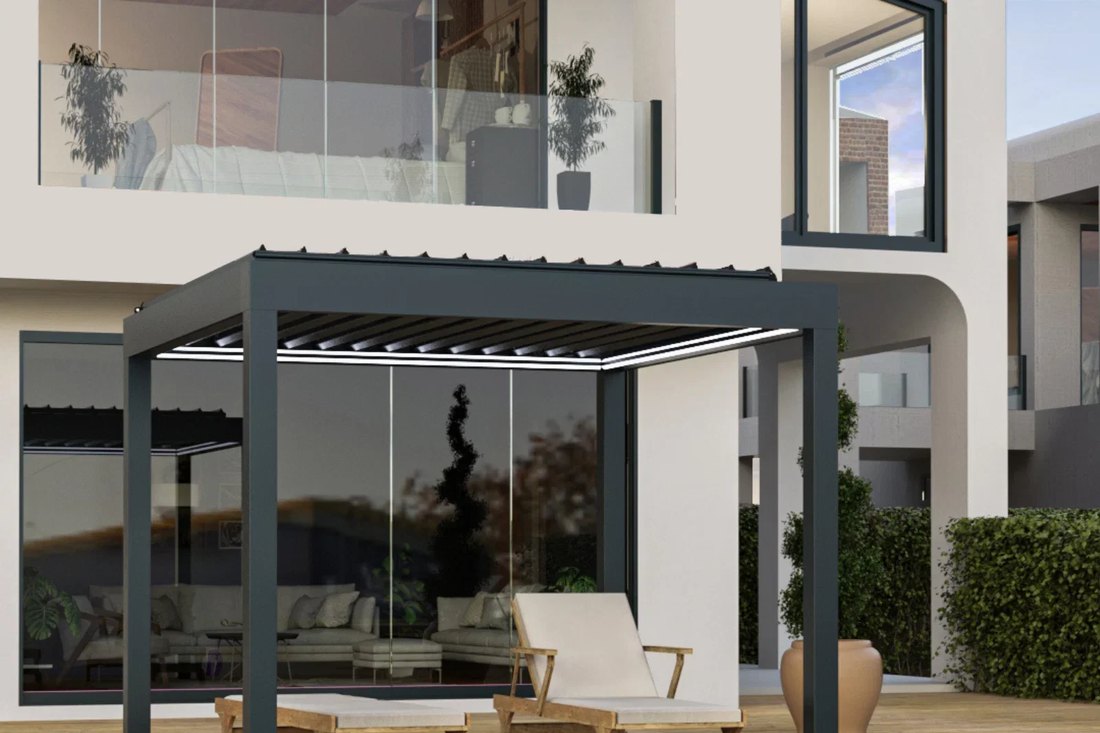 Aluminum bioclimatic pergola with louvers partly open