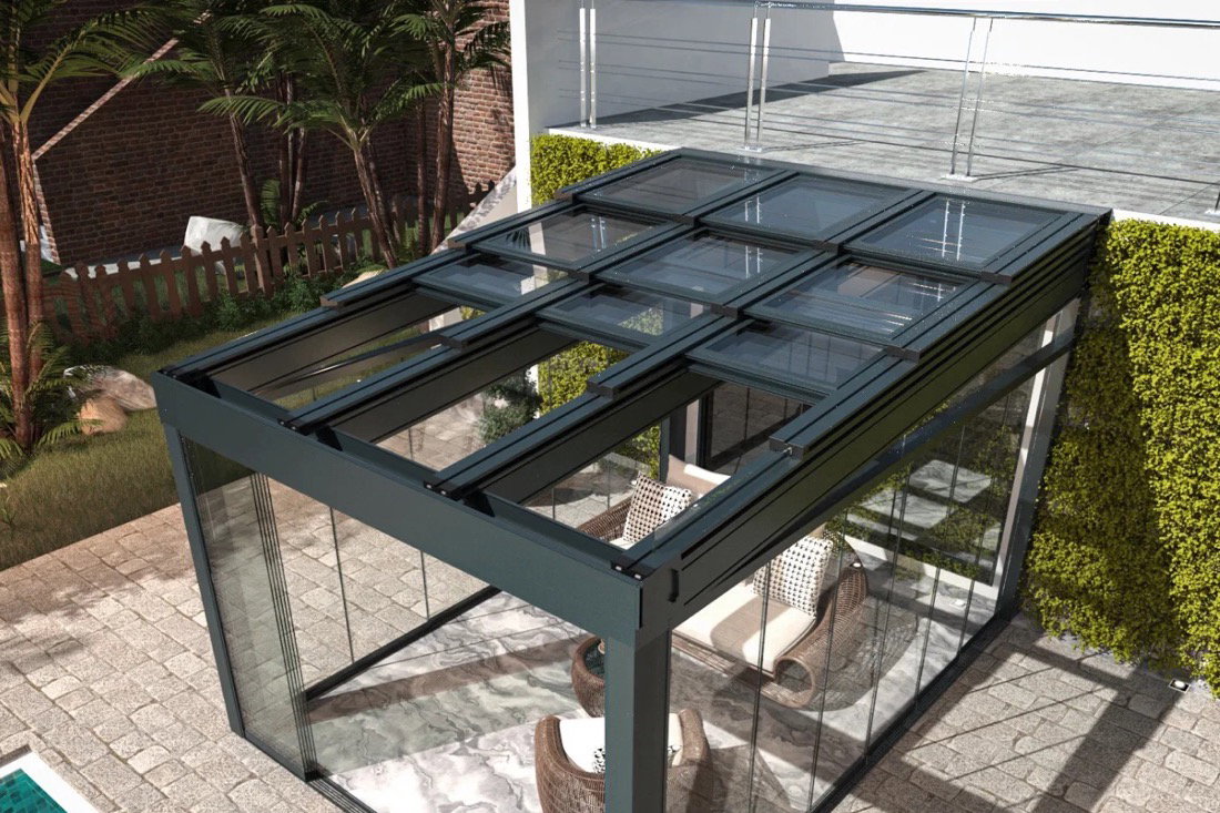 Kenan Metal opening glass roof system - glass panels sliding on aluminum guide profiles