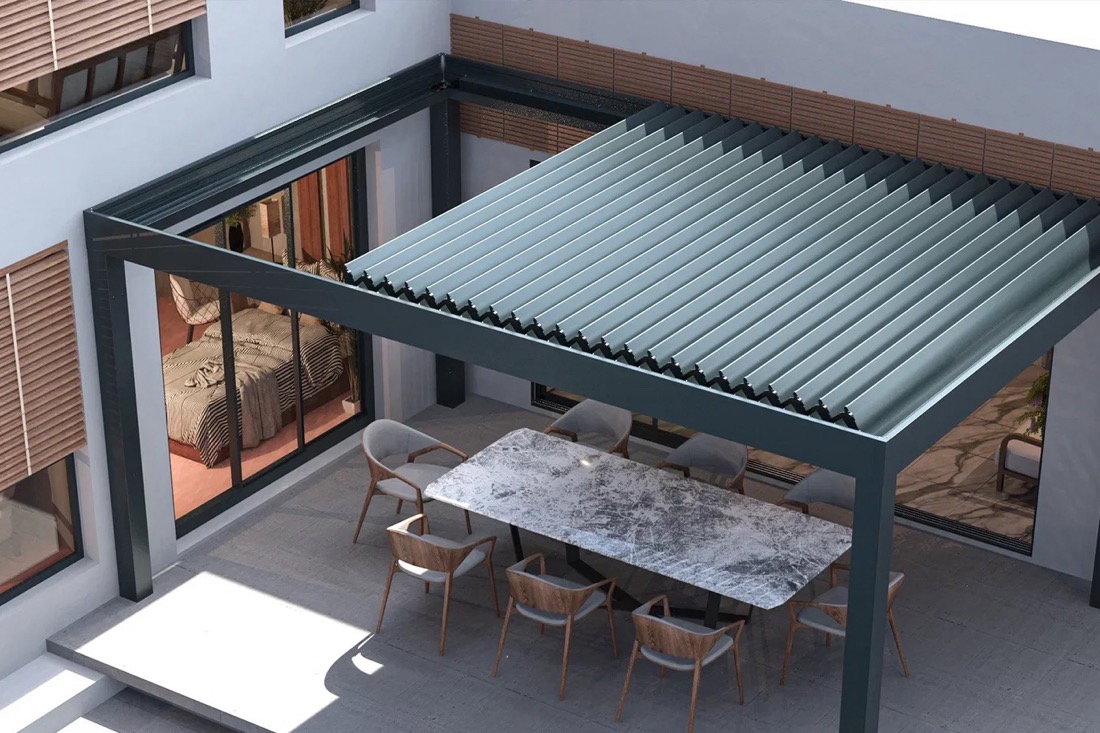 Kenan Metal aluminum rolling roof system - movable louvre roof surface above a terrace