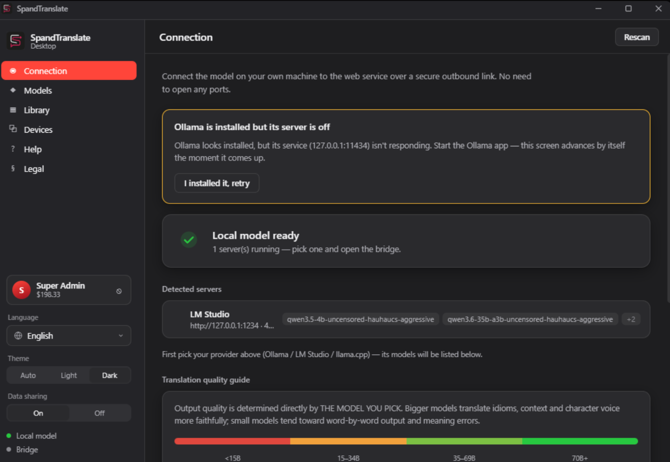 SpandTranslate Desktop bağlantı ekranı: yerel yapay zekâ modeli köprüsü